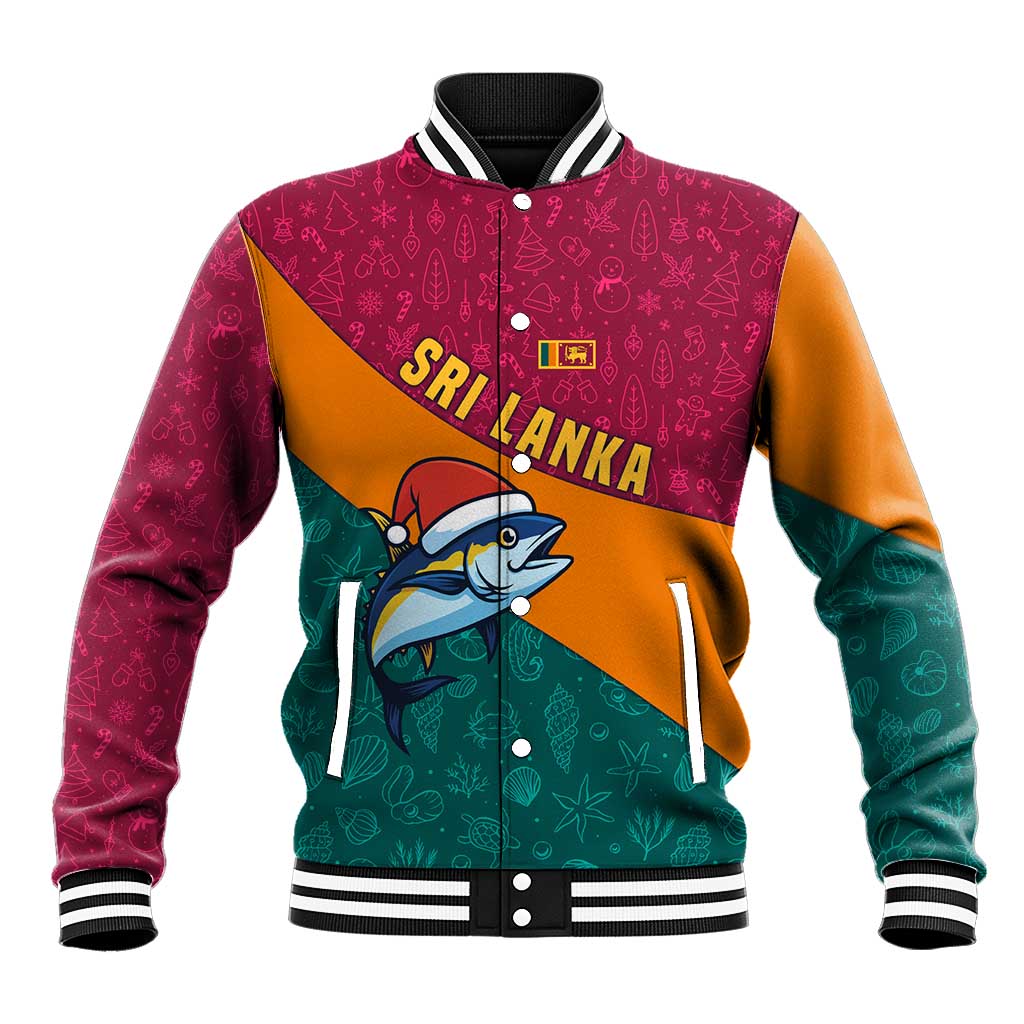 Sri Lanka Christmas Baseball Jacket with Santa Hat Fish Ocean Icons and Tri Color Festive Design - Wonder Print Shop