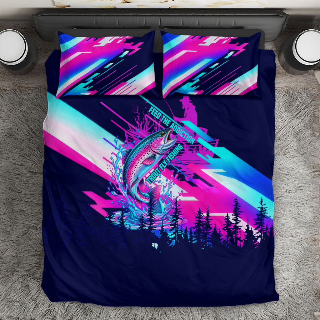 Trout Fly Fishing Born To Cast Bedding Set Vibrant Neon Cyberpunk Abstract Rainbow Trout Fisherman