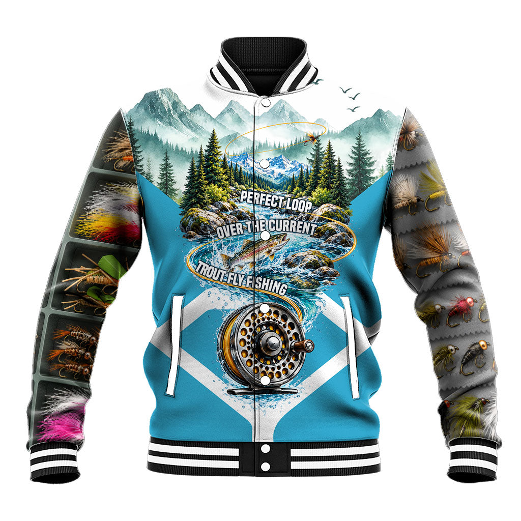 Trout Fly Fishing Perfect Loop Over The Current Baseball Jacket Outdoor Wilderness Scenic Mountain Stream Fisherman