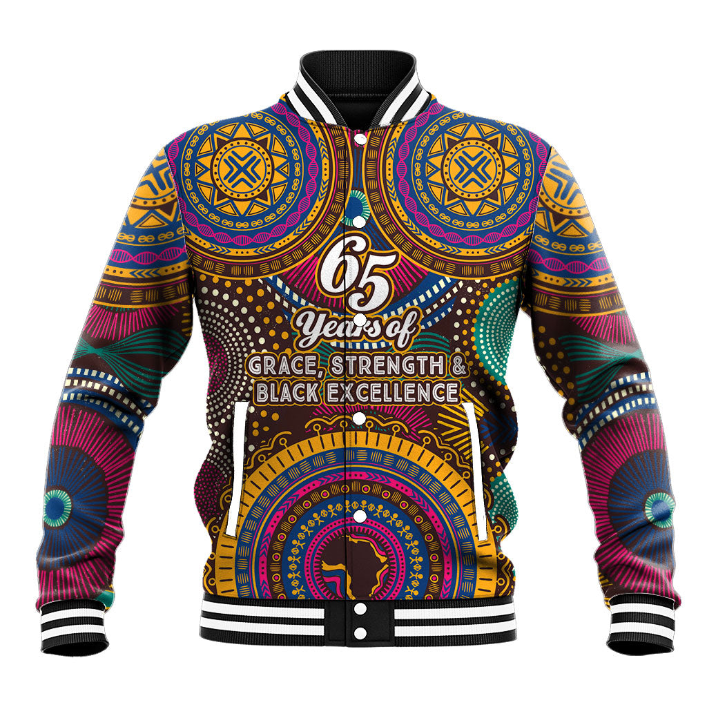 Personalized African 65th Birthday Black Excellence Baseball Jacket Vibrant Traditional Tribal Geometric Patterns