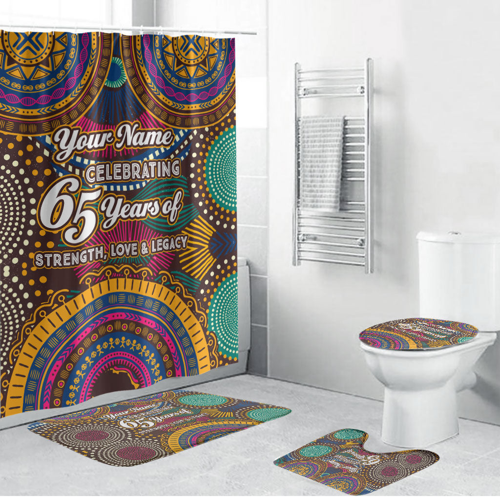 Personalized African 65th Birthday Black Excellence Bathroom Set Vibrant Traditional Tribal Geometric Patterns