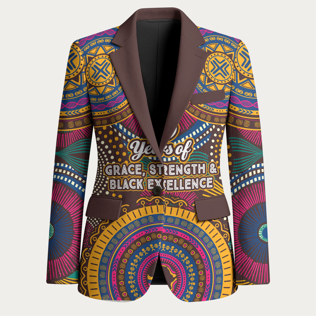 Personalized African 65th Birthday Black Excellence Blazer Vibrant Traditional Tribal Geometric Patterns