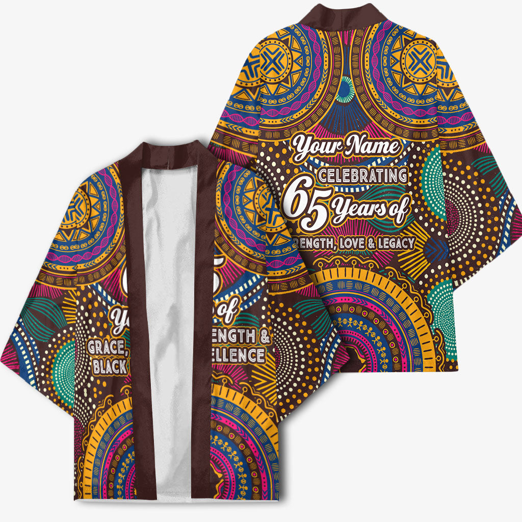 Personalized African 65th Birthday Black Excellence Kimono Vibrant Traditional Tribal Geometric Patterns