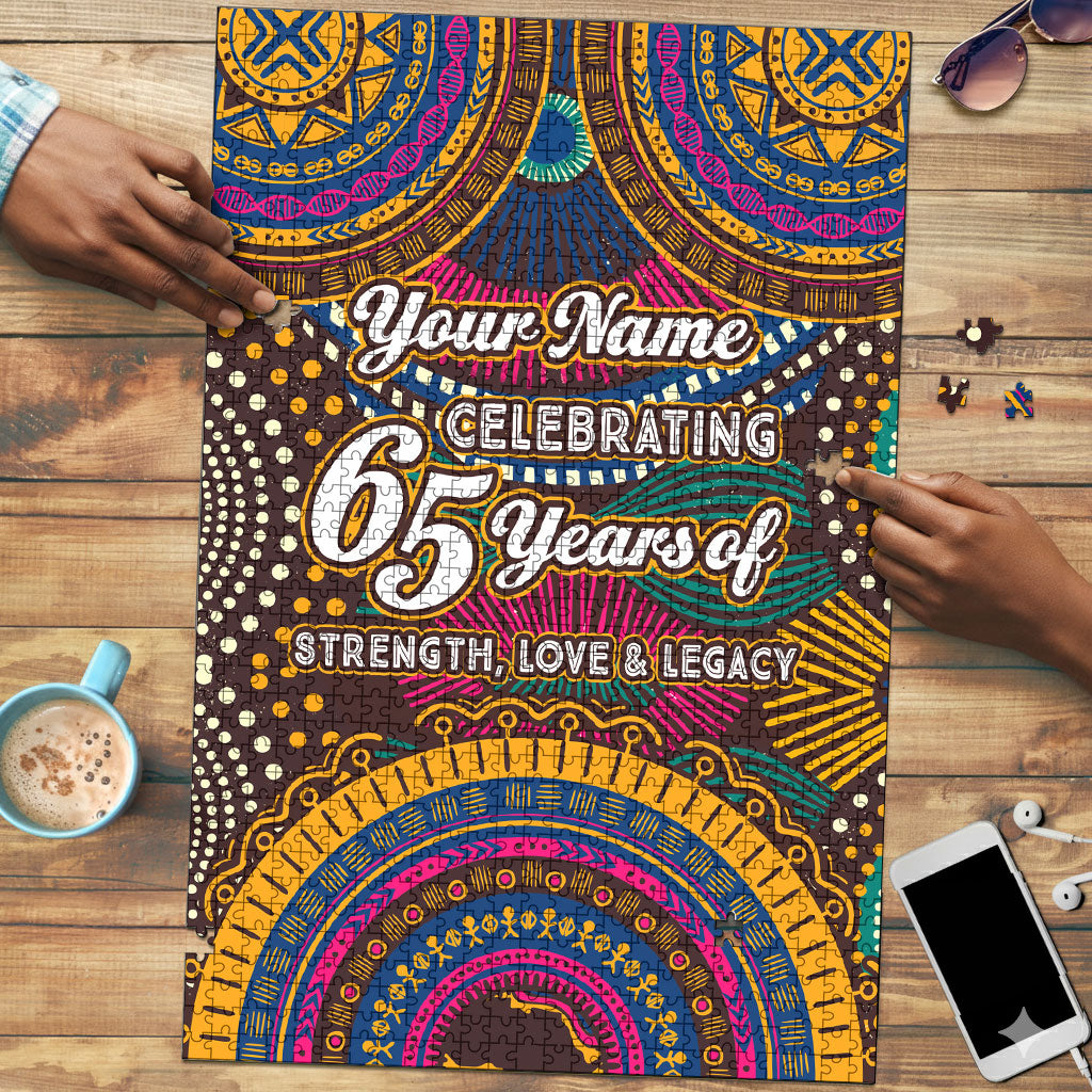 Personalized African 65th Birthday Black Excellence Puzzle Vibrant Traditional Tribal Geometric Patterns