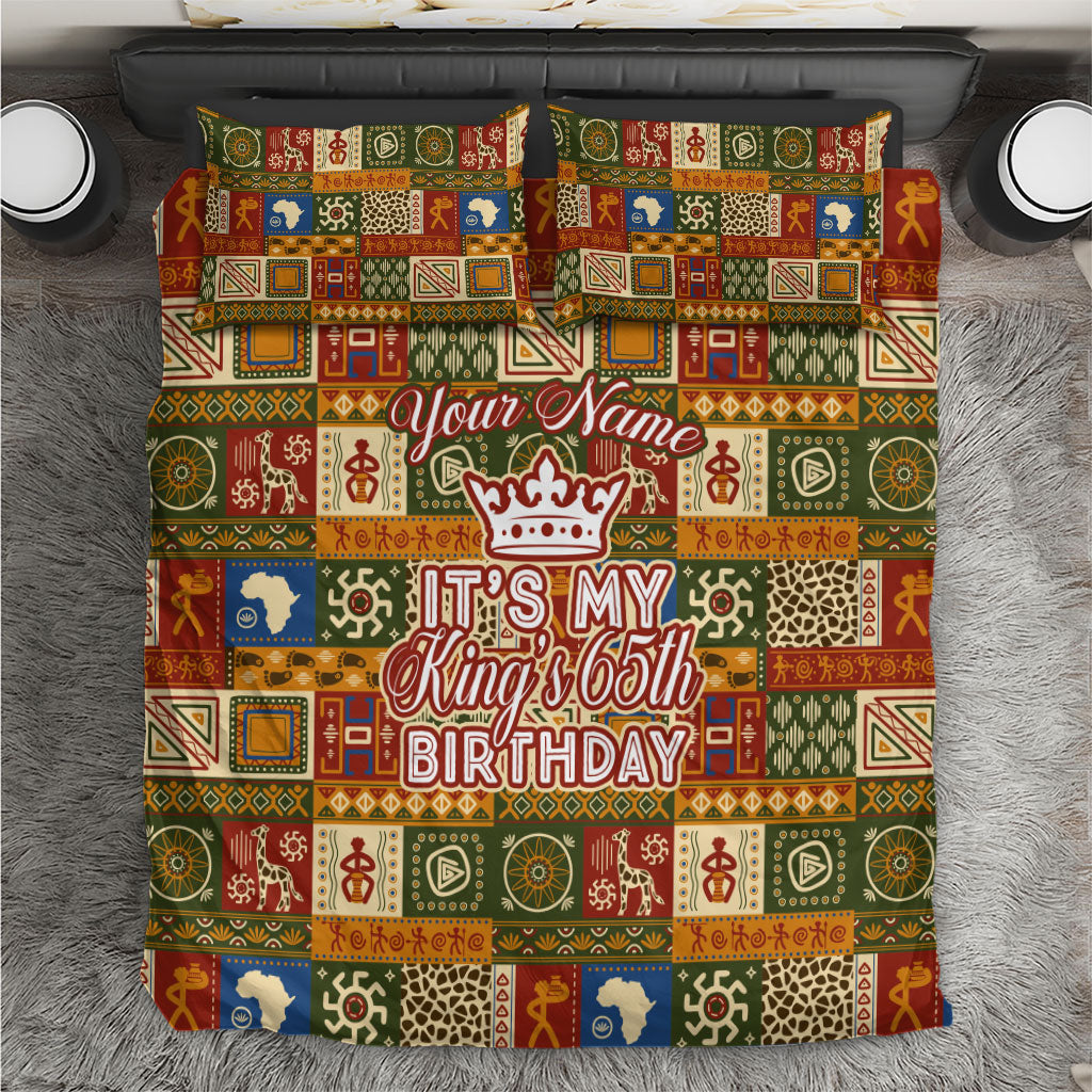 Personalized African King's 65th Birthday Bedding Set Traditional Ethnic Patchwork Safari Animals