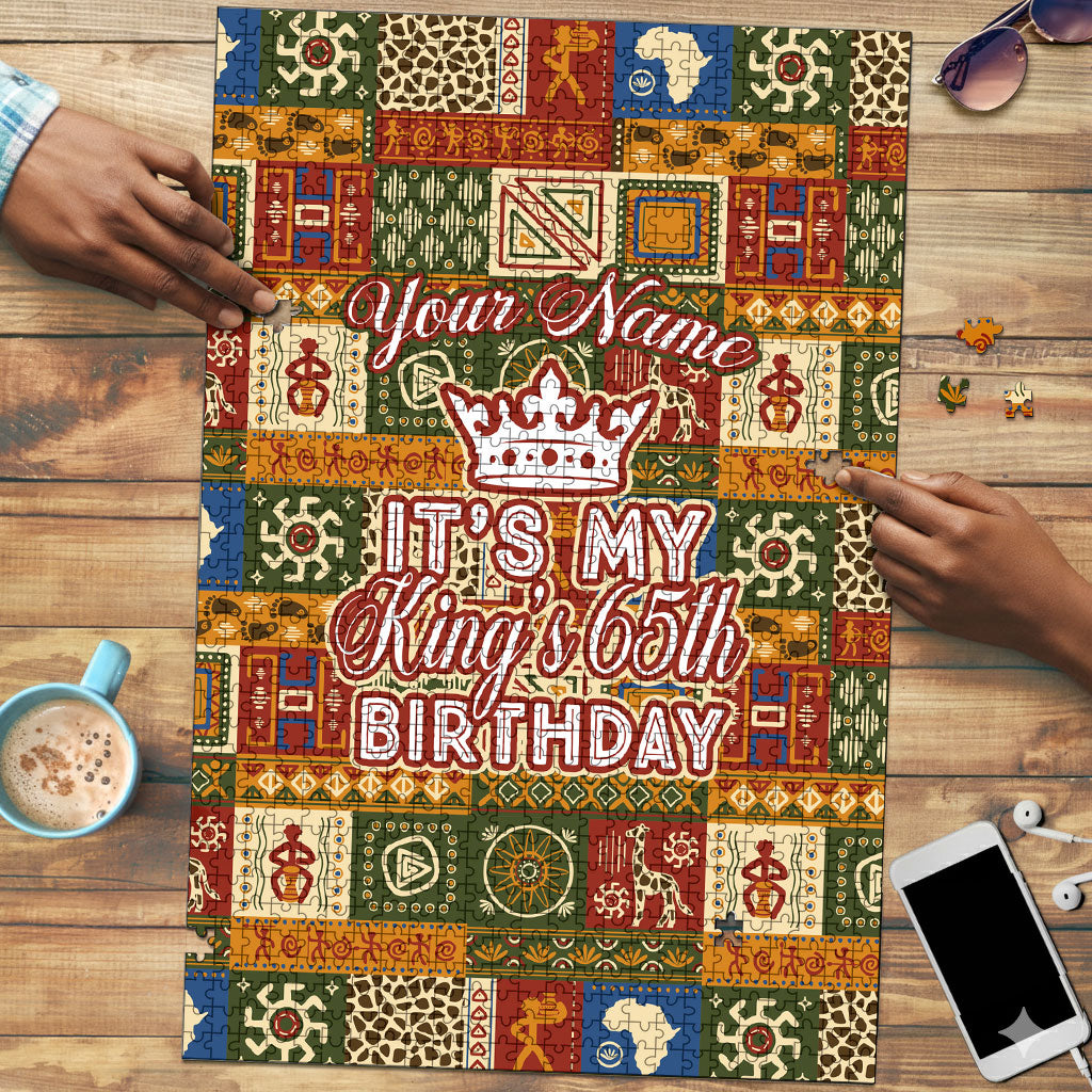 Personalized African King's 65th Birthday Puzzle Traditional Ethnic Patchwork Safari Animals