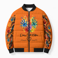 Orange Shirt Day Bomber Puffer Jacket Indigenous Handprint Feather Watercolor