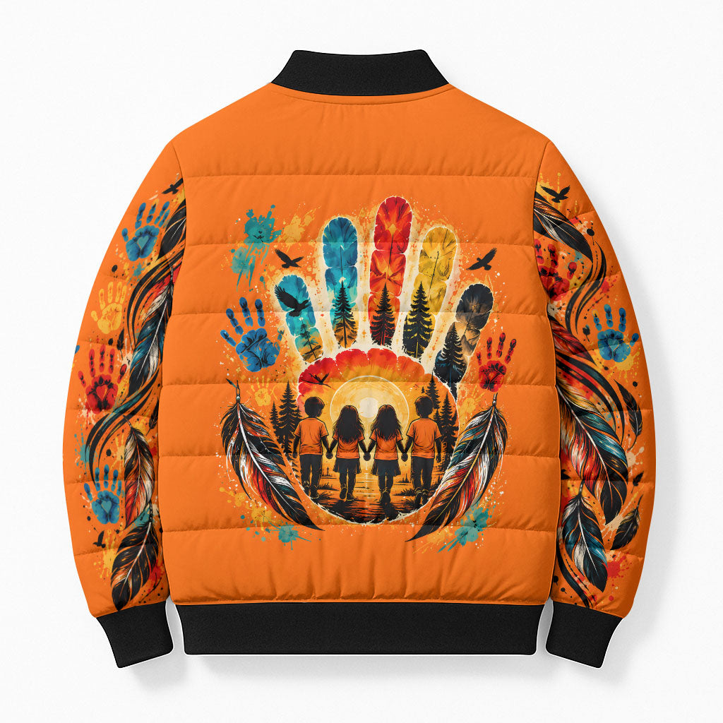 Orange Shirt Day Bomber Puffer Jacket Indigenous Handprint Feather Watercolor
