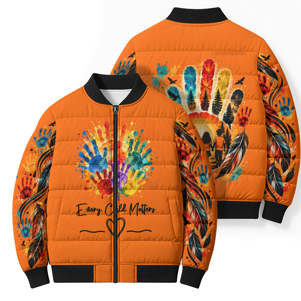 Orange Shirt Day Bomber Puffer Jacket Indigenous Handprint Feather Watercolor