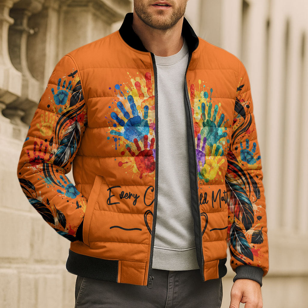 Orange Shirt Day Bomber Puffer Jacket Indigenous Handprint Feather Watercolor