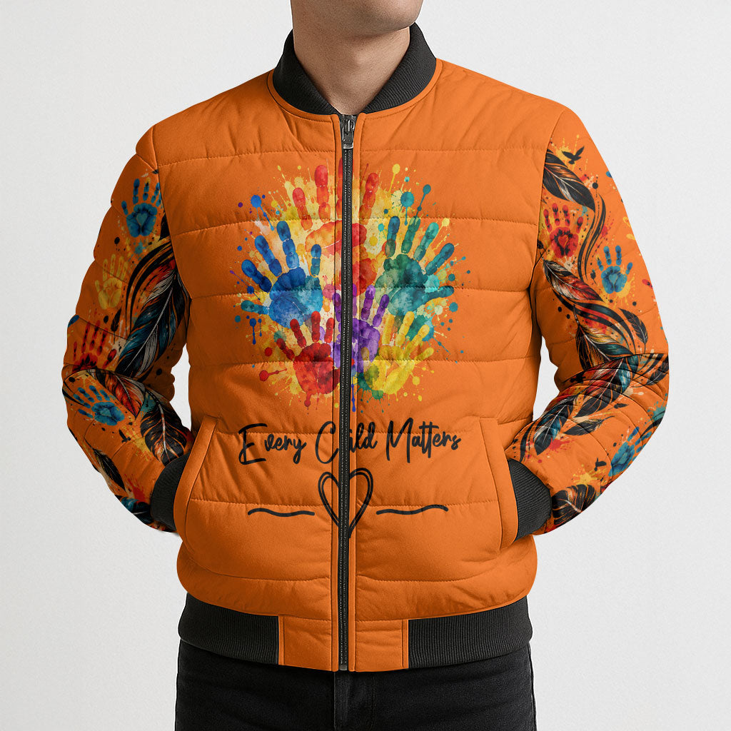 Orange Shirt Day Bomber Puffer Jacket Indigenous Handprint Feather Watercolor