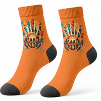 Orange Shirt Day Crew Socks Indigenous Handprint Feather Watercolor