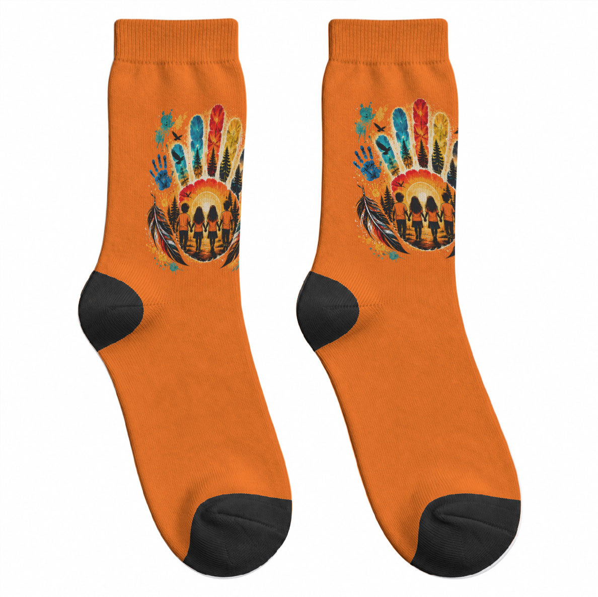 Orange Shirt Day Crew Socks Indigenous Handprint Feather Watercolor