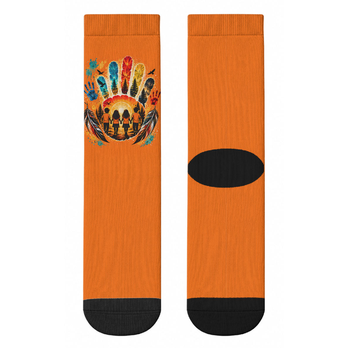 Orange Shirt Day Crew Socks Indigenous Handprint Feather Watercolor