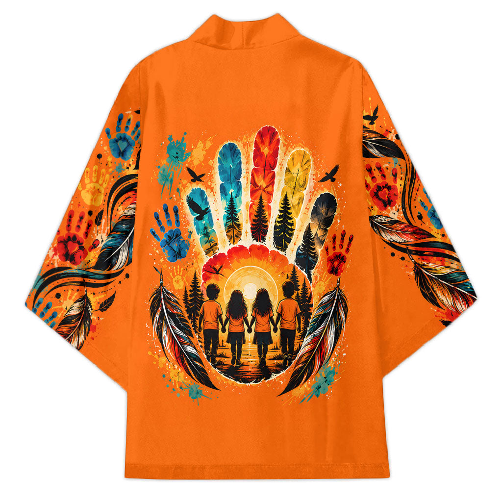 Orange Shirt Day Kimono Indigenous Handprint Feather Watercolor