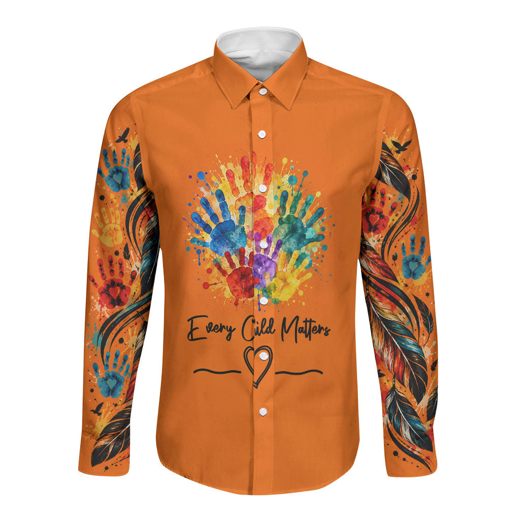 Orange Shirt Day Long Sleeve Button Shirt Indigenous Handprint Feather Watercolor
