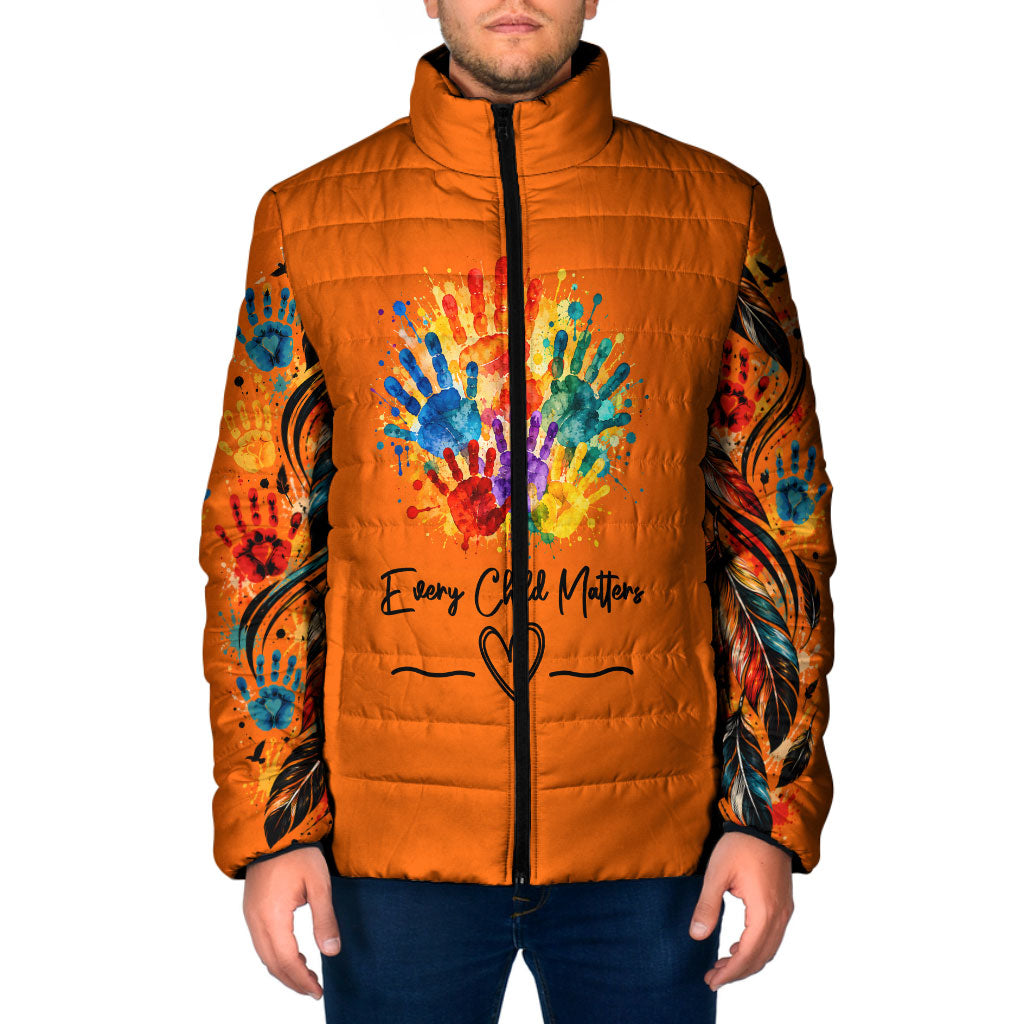 Orange Shirt Day Padded Jacket Indigenous Handprint Feather Watercolor