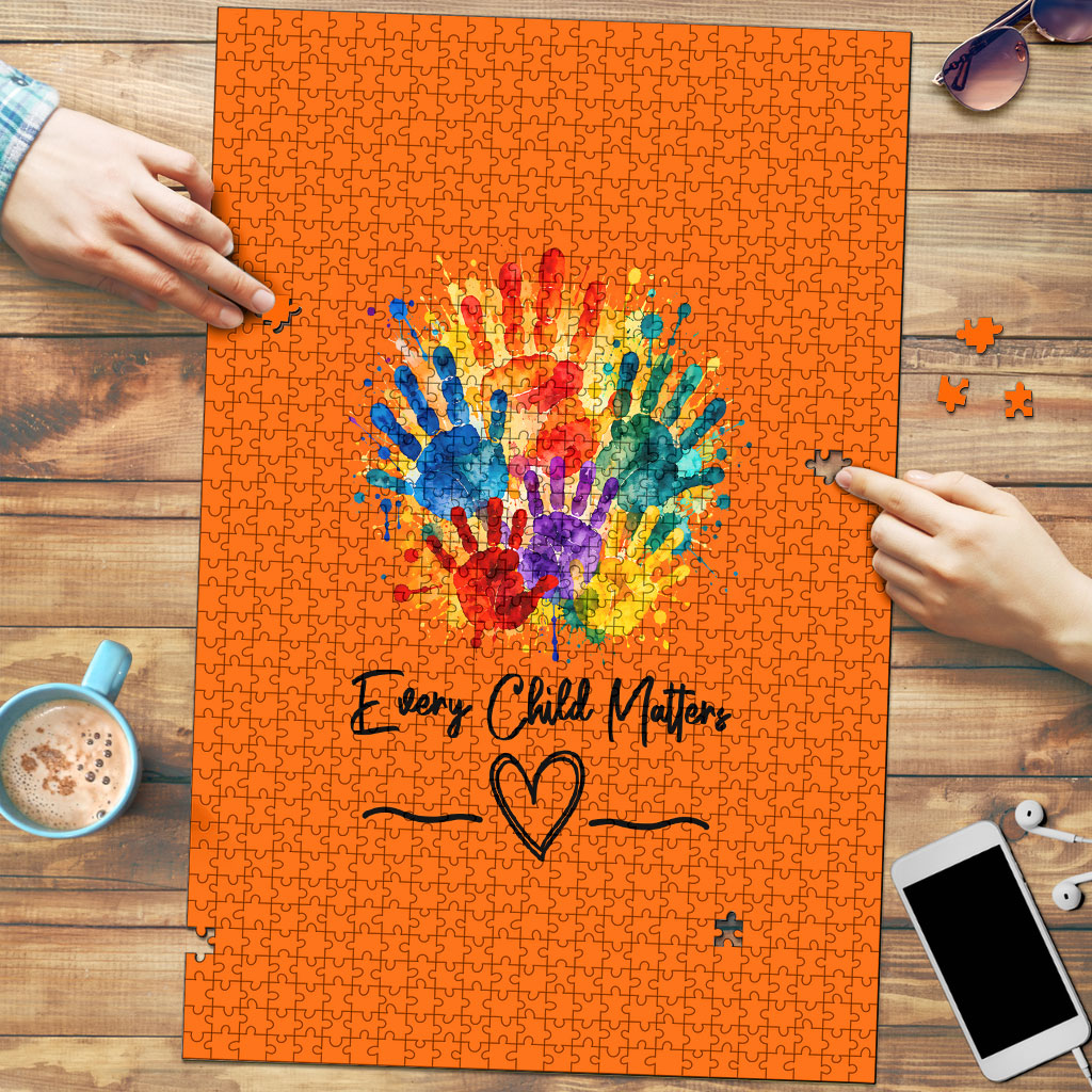 Orange Shirt Day Puzzle Indigenous Handprint Feather Watercolor