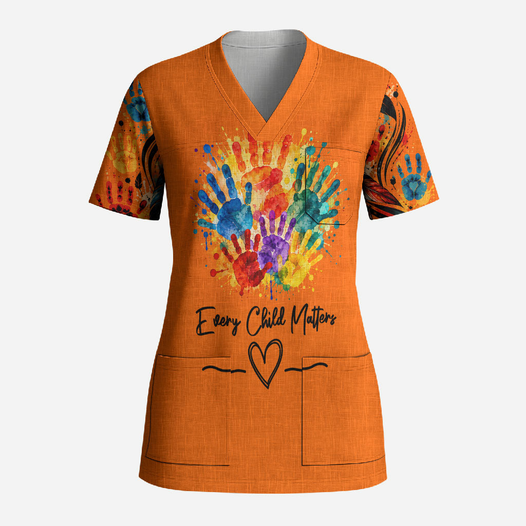 Orange Shirt Day Scrub Top Indigenous Handprint Feather Watercolor