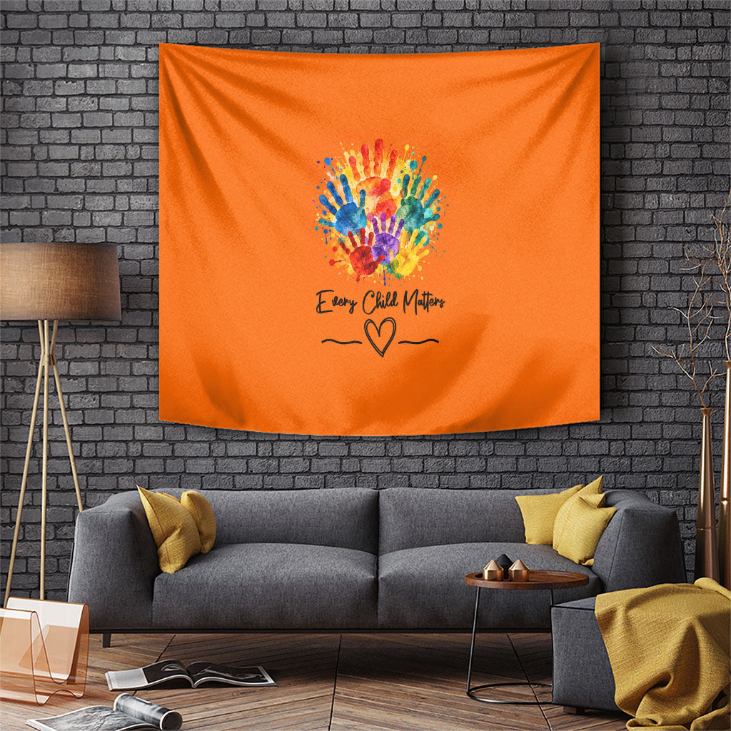 Orange Shirt Day Tapestry Indigenous Handprint Feather Watercolor