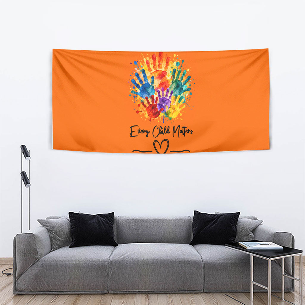 Orange Shirt Day Tapestry Indigenous Handprint Feather Watercolor