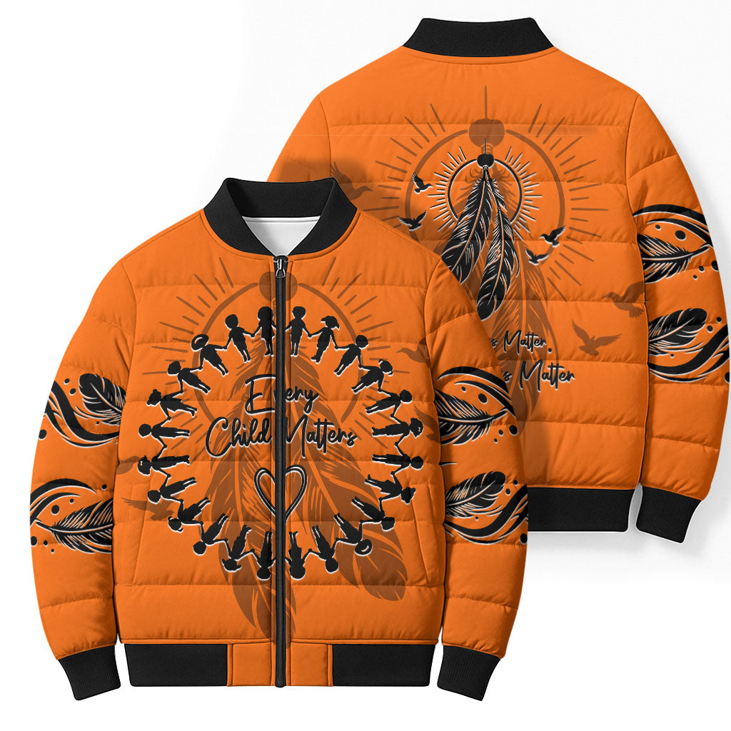 Orange Shirt Day Bomber Puffer Jacket Indigenous Feather Art Child Silhouette