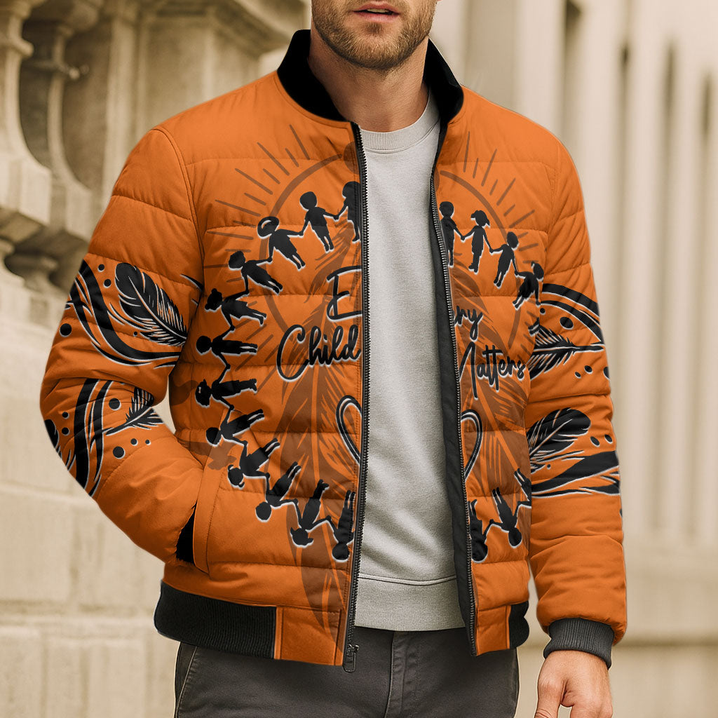 Orange Shirt Day Bomber Puffer Jacket Indigenous Feather Art Child Silhouette
