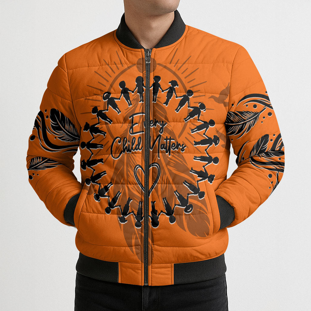 Orange Shirt Day Bomber Puffer Jacket Indigenous Feather Art Child Silhouette