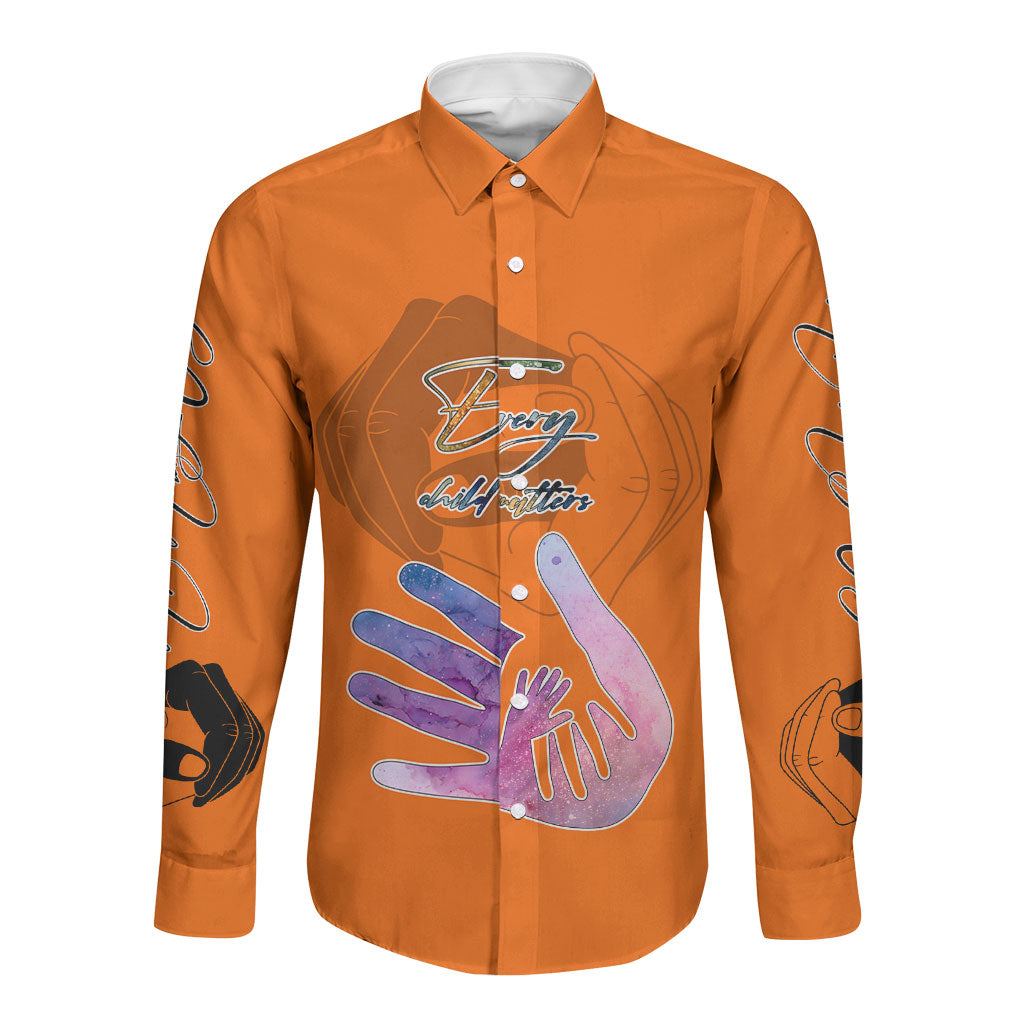 Personalized Orange Shirt Day Long Sleeve Button Shirt Watercolor Handprint Butterfly