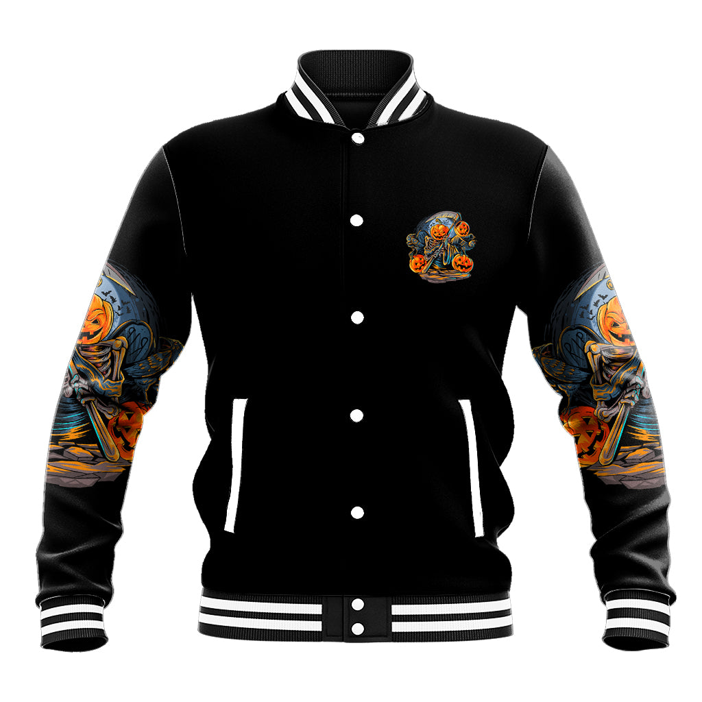 Black varsity baseball jacket with snap-button front, sleeve skull-and-pumpkin art and chest patch