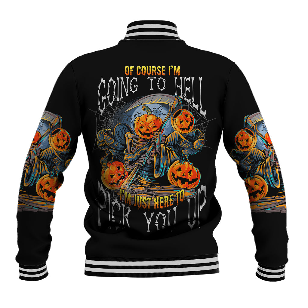 Black baseball jacket with skull-and-pumpkin graphic, striped ribbed collar and cuffs