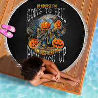 Round black Halloween beach blanket with orange pumpkin skull graphic and white fringe
