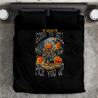 Black Halloween bedding set featuring pumpkin skull artwork centered on duvet