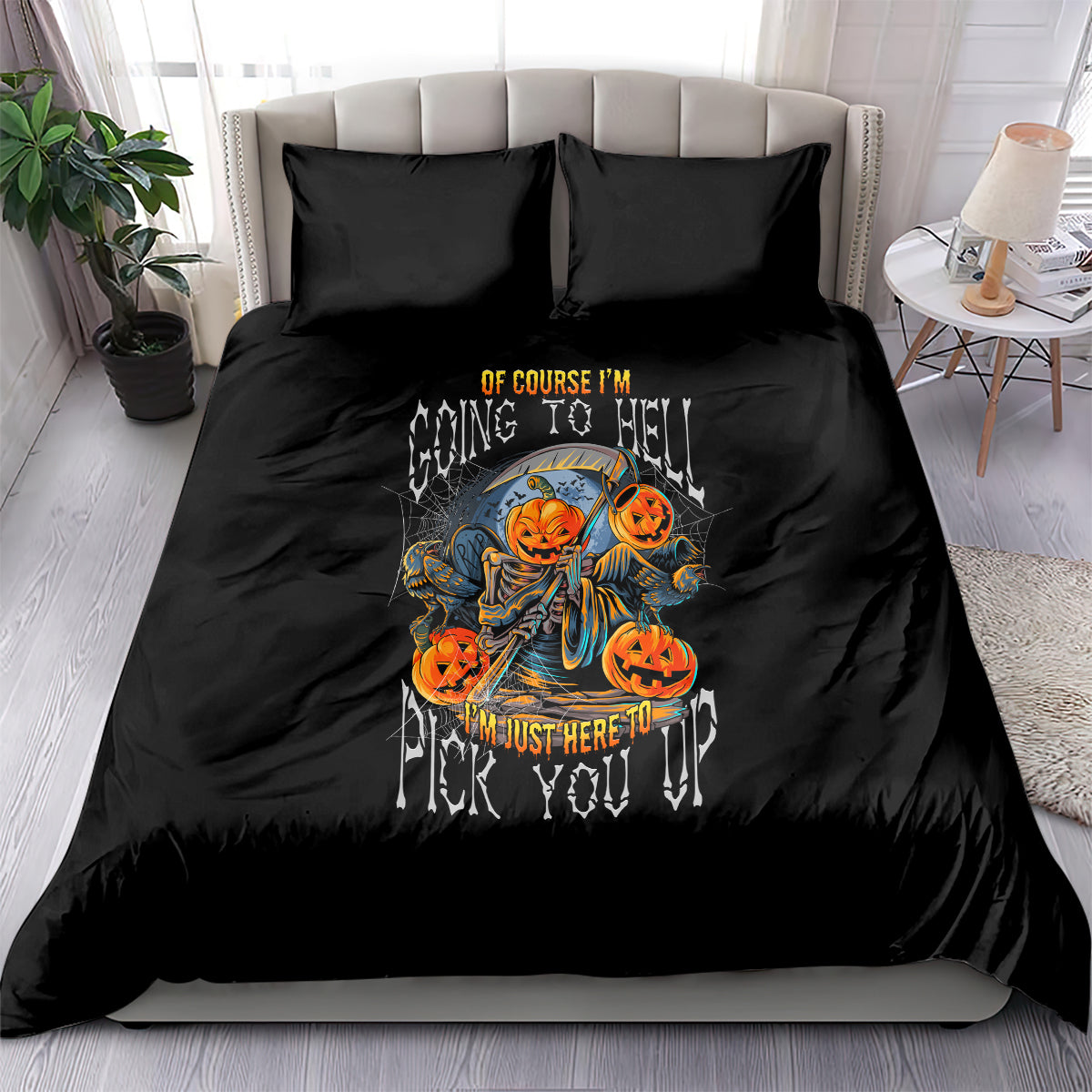 Black Halloween bedding set with pumpkin skull graphic and two matching pillowcases
