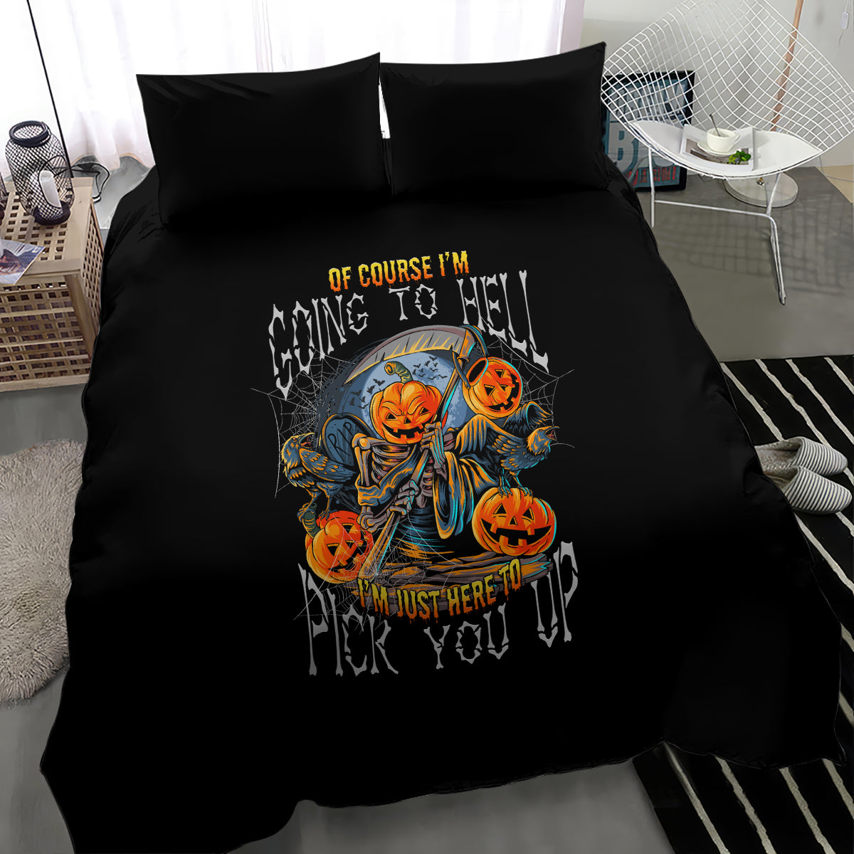 Black Halloween bedding set with multicolor pumpkin skull design on duvet and pillows