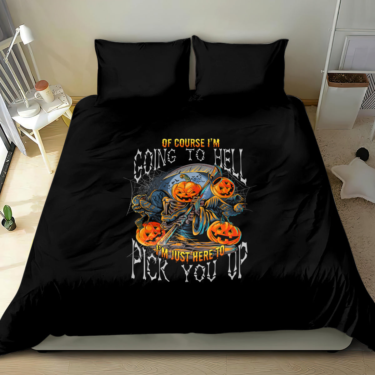 Black Halloween bedding set with orange pumpkin skull graphic under yellow text