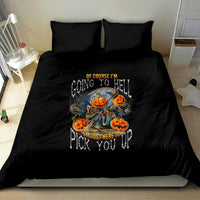 Black Halloween bedding set with orange pumpkin skull graphic under yellow text