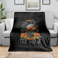 Black Halloween throw blanket with skeleton, pumpkins, and dripping text graphic
