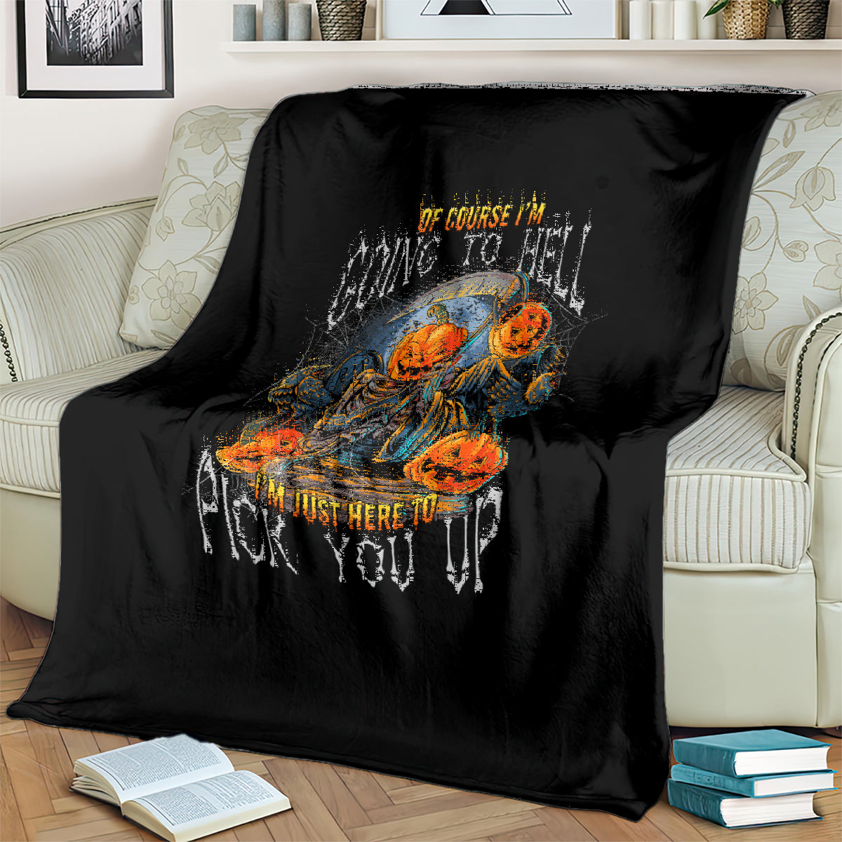 Black Halloween blanket featuring blue skeleton and orange pumpkins with dripping text