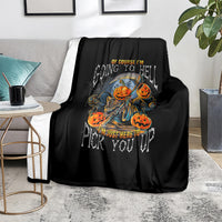 Black Halloween blanket with blue-orange skull and jack-o'-lantern graphic