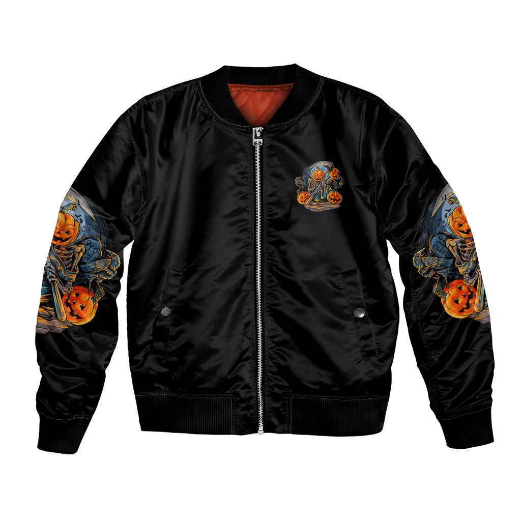 Unisex black bomber jacket, front zip with small pumpkin skull chest patch and sleeve graphics