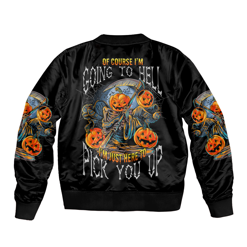 Unisex black bomber jacket with back skull and pumpkin graphic, multicolor sleeve prints
