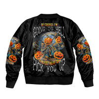 Unisex black bomber jacket with back skull and pumpkin graphic, multicolor sleeve prints