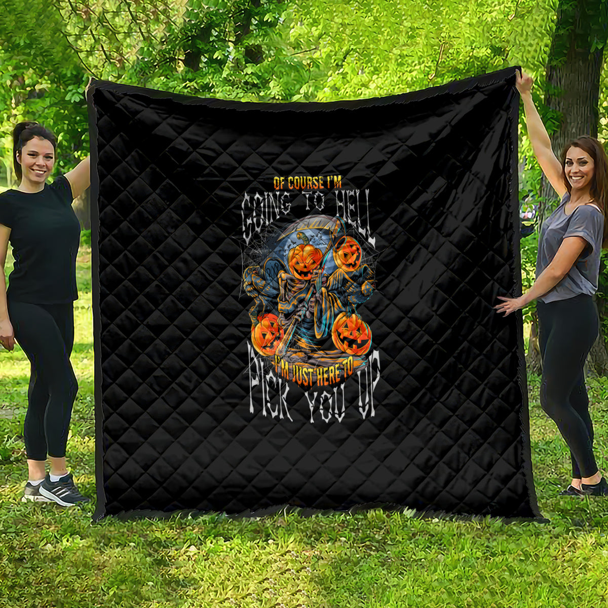 Black Halloween quilt with quilted diamond pattern and multicolor skull-pumpkin graphic