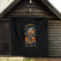 Black Halloween quilt with diamond stitching and multicolor pumpkin-skull figure graphic