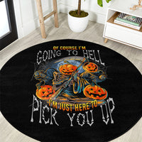 Round black Halloween rug with central pumpkin skeleton artwork and graffiti-style lettering