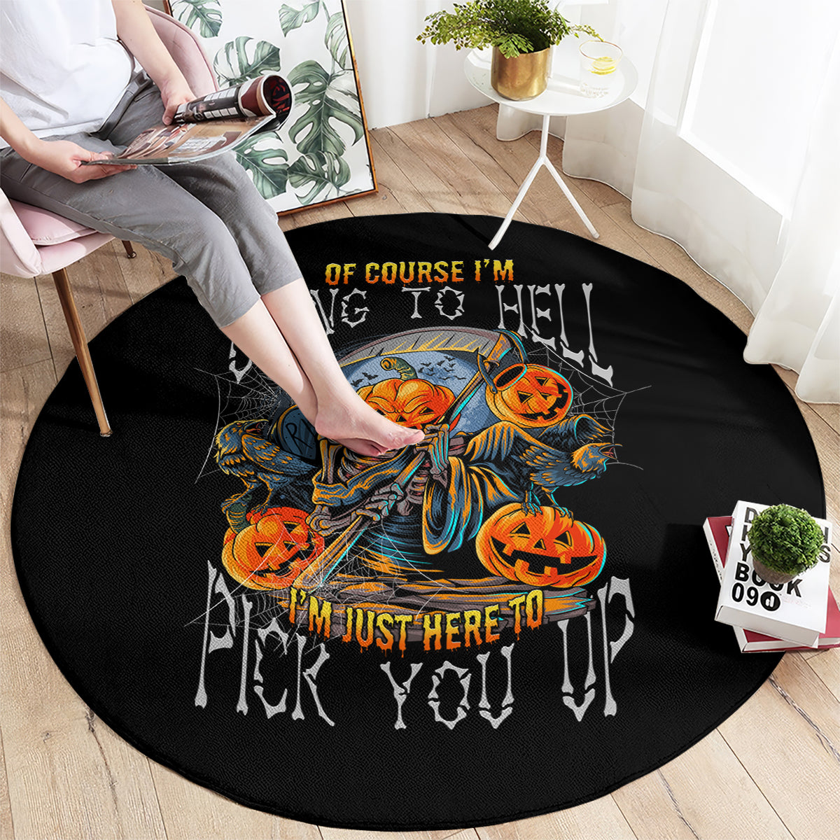 Round black Halloween rug with multicolor skeleton-and-pumpkin design and skull accents