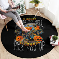 Round black Halloween rug with multicolor skeleton-and-pumpkin design and skull accents