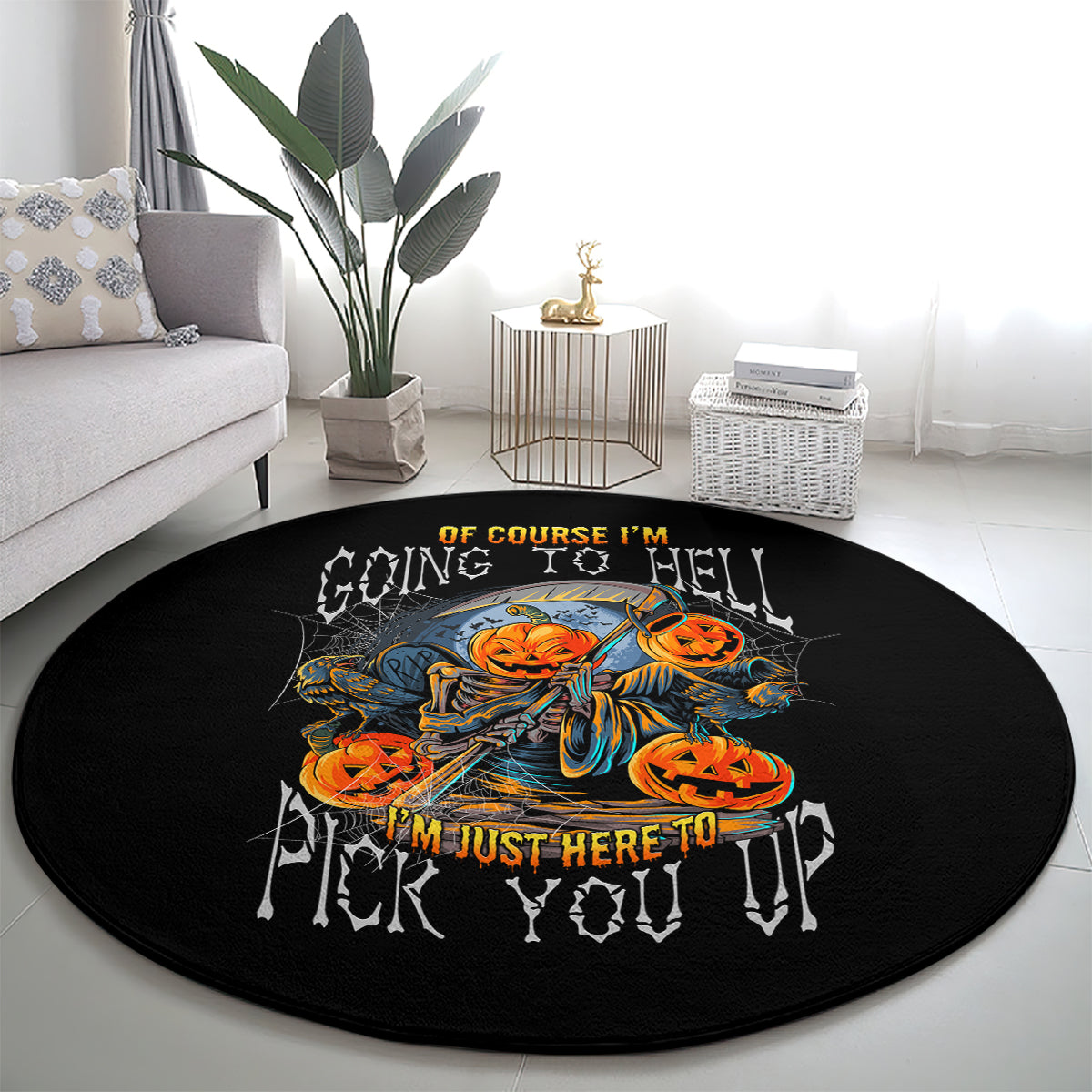 Round black Halloween rug with colorful skeleton and pumpkin graphic and arched text