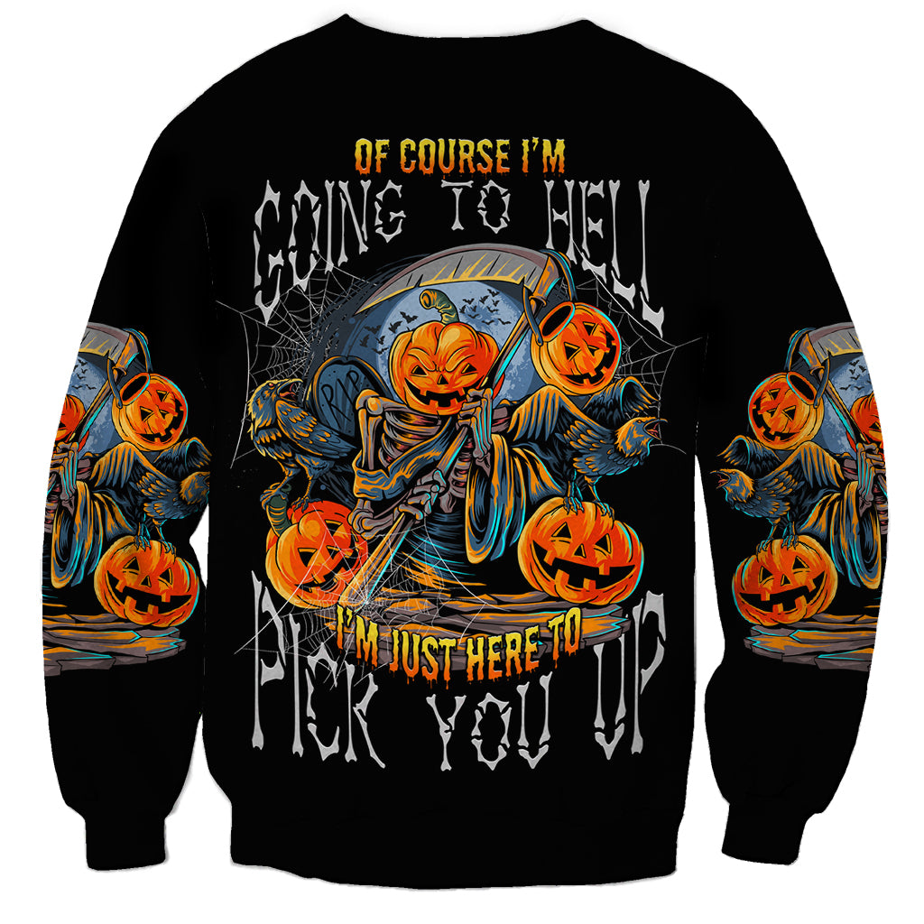 Black Halloween sweatshirt with skull-pumpkin graphic and dripping text on front and sleeves